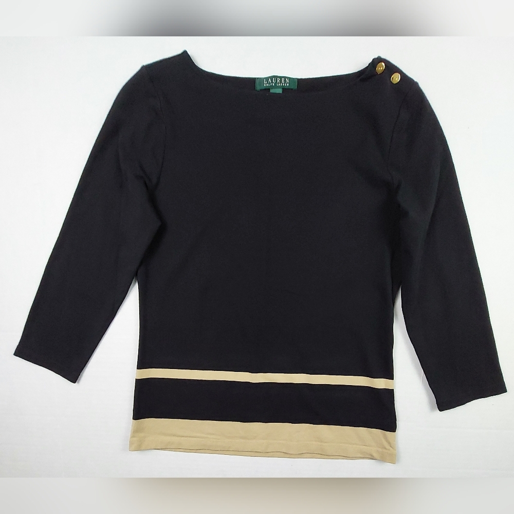 Lauren Ralph Lauren Shirt Womens Small Black Tan Stripes Button Accent Stretch
